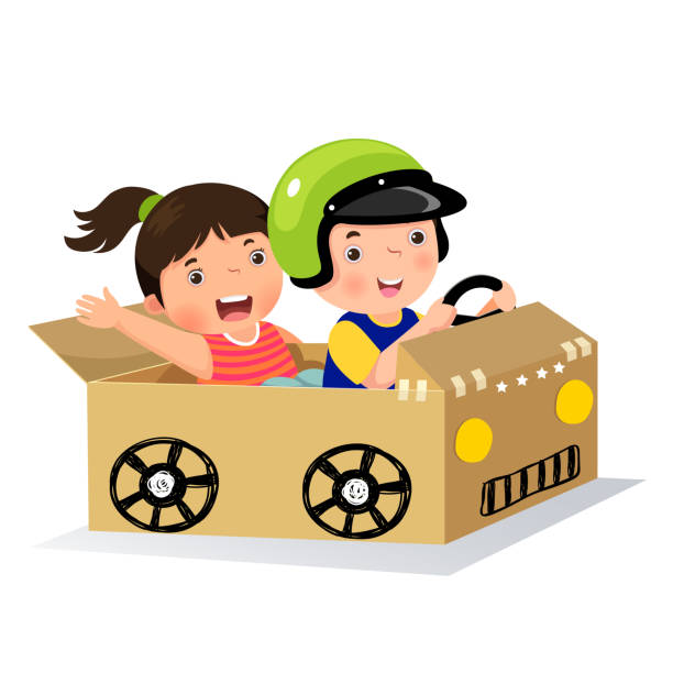stockillustraties, clipart, cartoons en iconen met jongen en meisje met kartonnen auto rijden - broer en zus