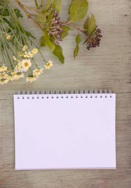 istock Mockup with blank notepad. Blank sheet. A place for the presentation. Wild flowers on green painted wooden background. 871053454
