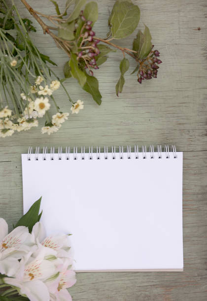 istock Mockup with blank notepad. Blank sheet. A place for the presentation. Wild flowers on green painted wooden background. 871053480