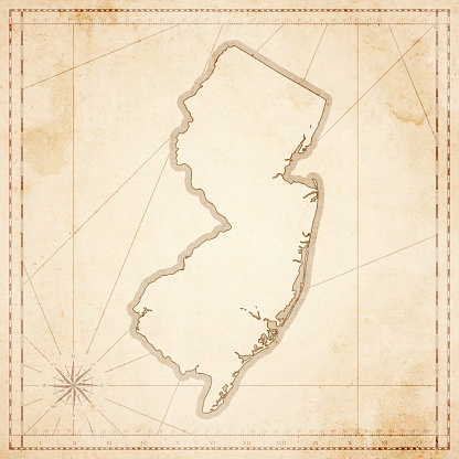 Map of New Jersey in vintage style. Beautiful illustration of antique map on an old textured paper of sepia color. Old realistic parchment with a compass rose, lines indicating the different directions (North, South, East, West) and a frame used as scale of measurement. Vector Illustration (EPS10, well layered and grouped). Easy to edit, manipulate, resize or colorize. Please do not hesitate to contact me if you have any questions, or need to customise the illustration. http://www.istockphoto.com/portfolio/bgblue