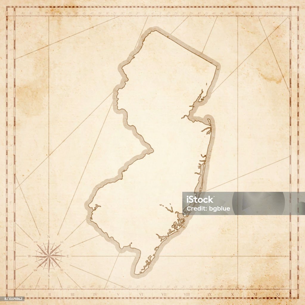 New Jersey map in retro vintage style - old textured paper Map of New Jersey in vintage style. Beautiful illustration of antique map on an old textured paper of sepia color. Old realistic parchment with a compass rose, lines indicating the different directions (North, South, East, West) and a frame used as scale of measurement. Vector Illustration (EPS10, well layered and grouped). Easy to edit, manipulate, resize or colorize. Please do not hesitate to contact me if you have any questions, or need to customise the illustration. http://www.istockphoto.com/portfolio/bgblue New Jersey stock vector