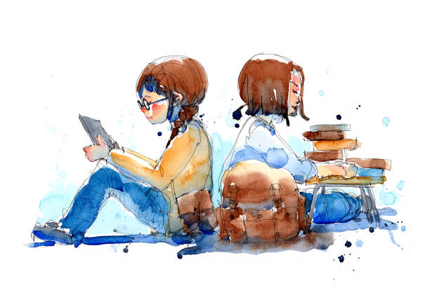 수채화 그림 e-리더와 함께 여자와 책 더미, 스캔 하는 전통적인 삽화와 함께 그녀의 친구의 그림 세트 - electronic book reader stock illustrations
