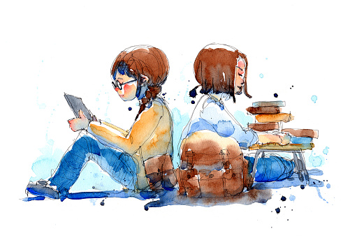 watercolor painting illustration set of girl with e-reader and her friend with books pile, traditional artwork scanned