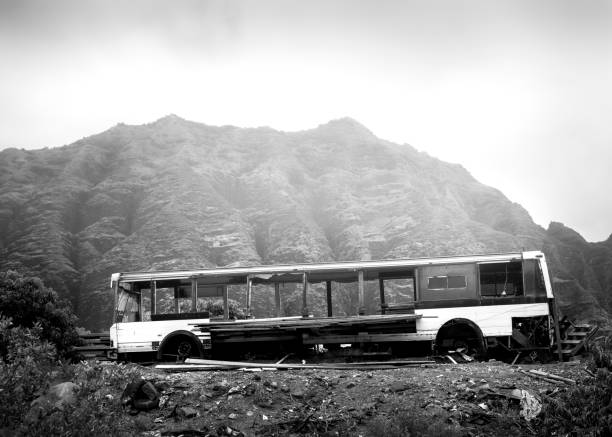 Black and white photo of a Bus wreck, Oahu Hawaii