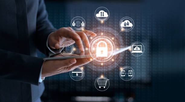 cyber security. businessman using tablet technology and icon customer network connection and exchange data on the virtual display. cyber attack concept - antivirus software fotos imagens e fotografias de stock