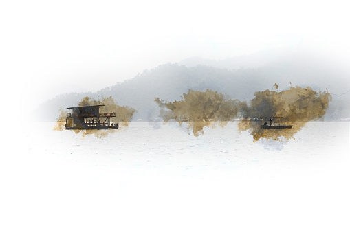 Abstract house boat in river and see mountain texture on watercolor painting background, southeast Asia, Thailand.
