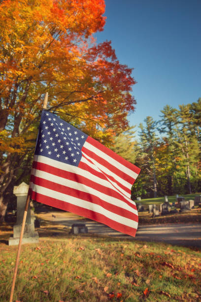 American veteran flag in autumn cemetery
