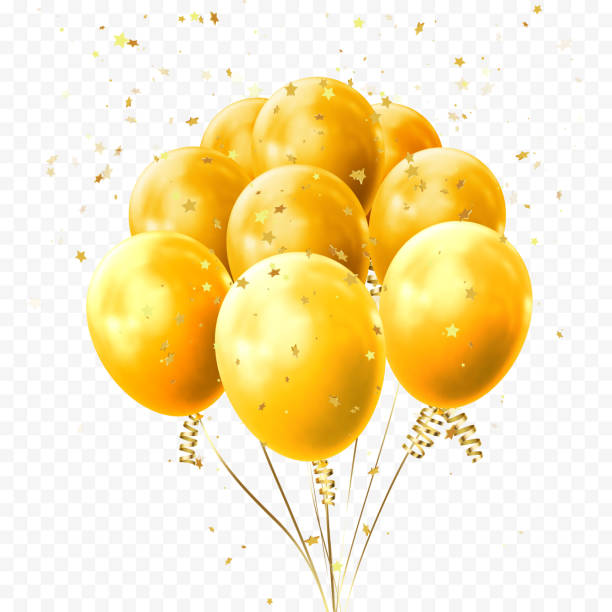 żółte balony złote gwiazdy confetti wektor urodziny ikona festiwalu - yellow balloon stock illustrations