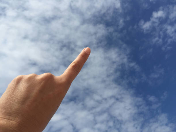 istock female hand touching or pointing to something on blue sky 871082584