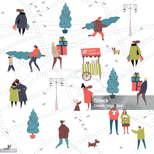 Christmas City Preparations Hand Drawn Seamless Pattern With People Stock Illustration - Download Image Now