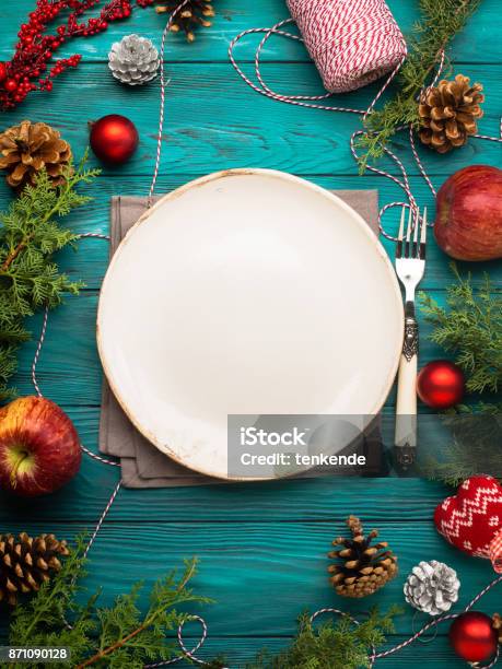 Christmas Background With Dish And Cutlery Stock Photo - Download Image Now - Christmas, Table, Dinner