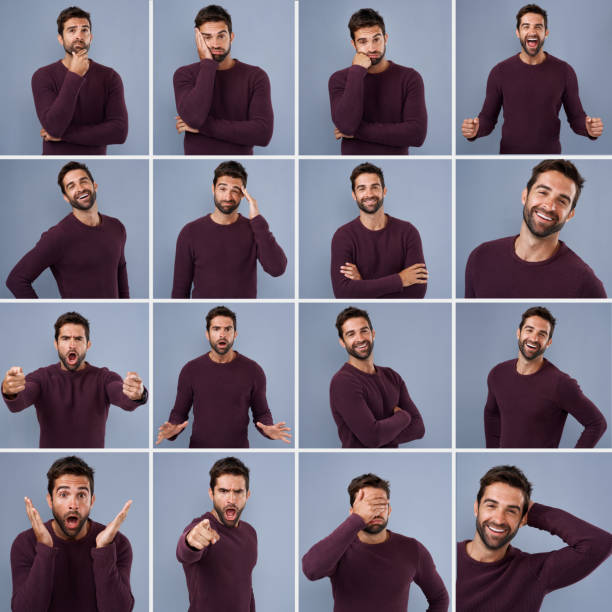Composite shot of a young man expressing different types of facial expressions inside of a studio