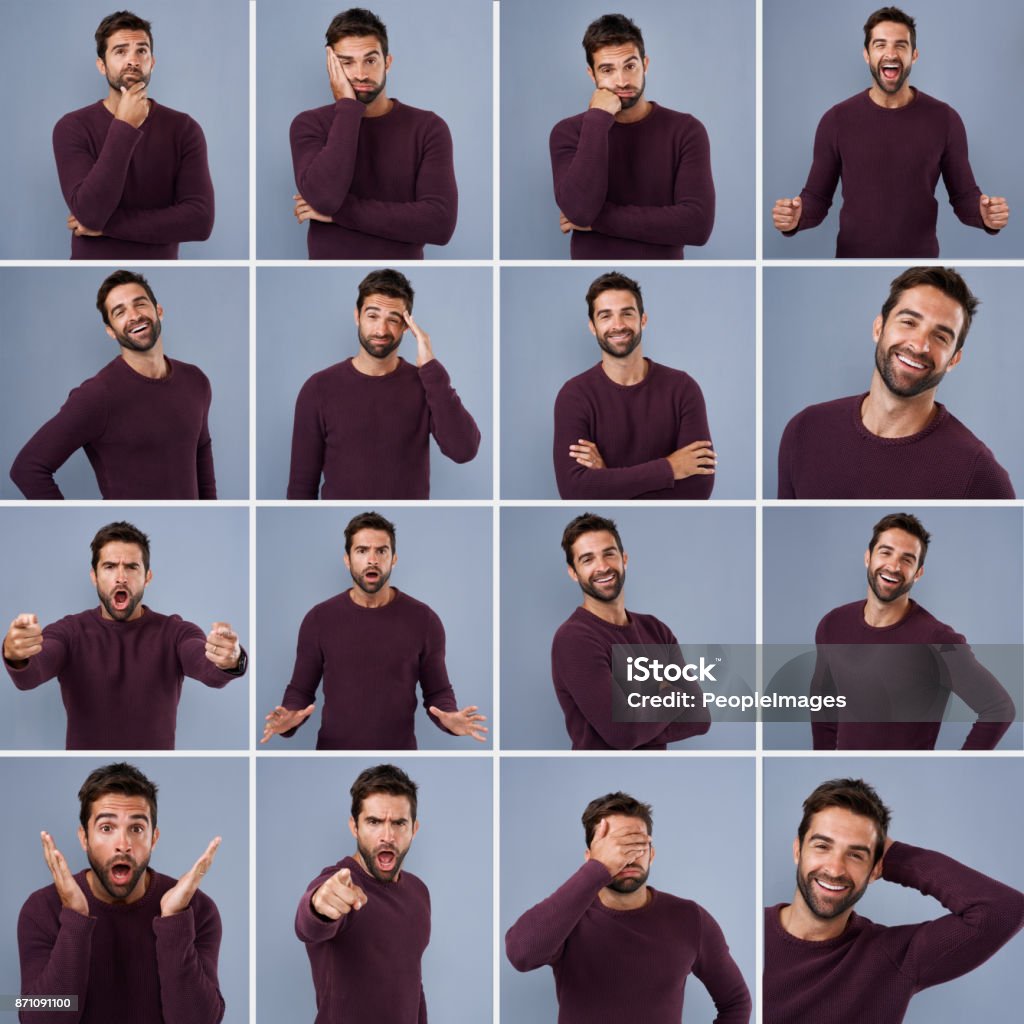 Different moods for different occasions Composite shot of a young man expressing different types of facial expressions inside of a studio Facial Expression Stock Photo