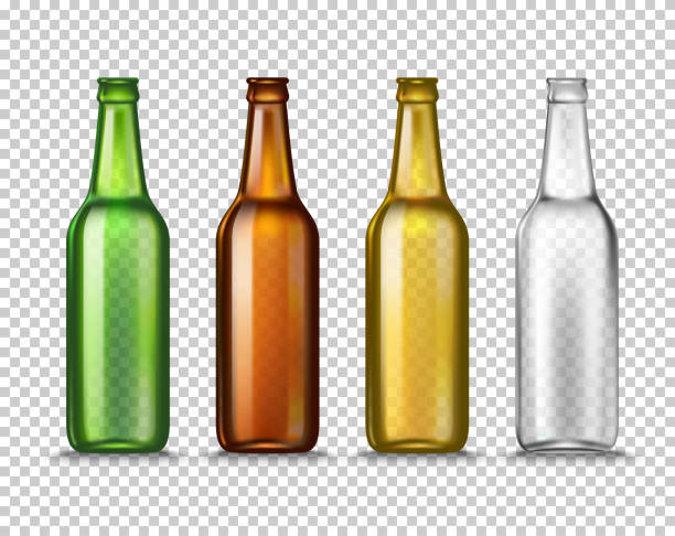 ilustrações de stock, clip art, desenhos animados e ícones de realistic green, brown, yellow and white empty glass beer bottles isolated on a transparent background. vector illustration. mock up template blank for product packing advertisement. - glass
