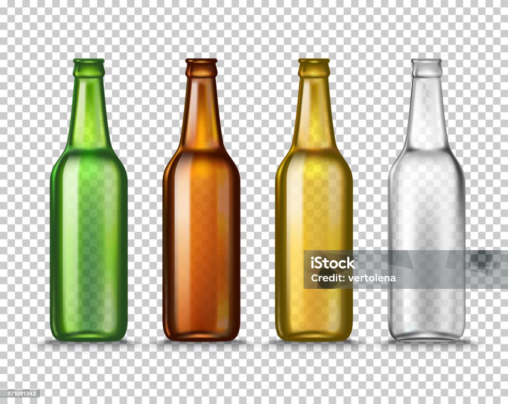 Realistiska grön, brun, gul och vit tomma glas ölflaskor isolerad på en transparent bakgrund. Vektorillustration. Håna upp mallen Tom för produkt förpackning annons. - Royaltyfri Flaska vektorgrafik
