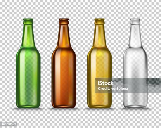 Realistic Green Brown Yellow And White Empty Glass Beer Bottles Isolated On A Transparent Background Vector Illustration Mock Up Template Blank For Product Packing Advertisement Stock Illustration - Download Image Now