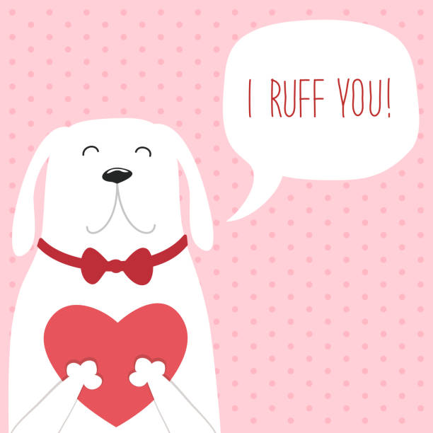urocza retro ręcznie rysowana kartka walentynkowa jako zabawny pies z sercem i dymem - valentines day hearts audio stock illustrations