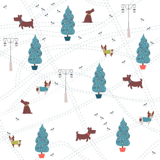 векторная елка и собака рука обращается бесшовные картины - давидия покрывальная stock illustrations