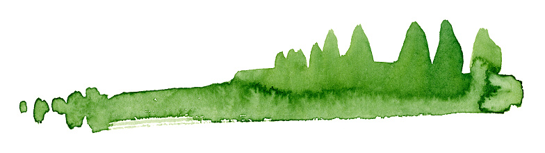 abstract green watercolor painting showing a landscape with bushes and trees