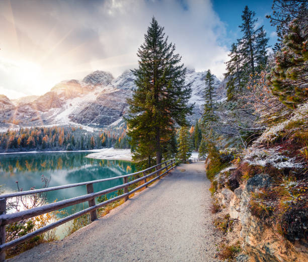istock First snow on Braies Lake 871098328