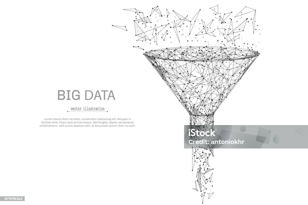 funnel low poly black Funnel low poly wireframe isolated black on white background. Abstract mash line and point origami. Vector illustration. Big datta or sales funnel concept with geometry triangle. Data stock vector