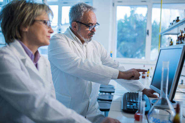 istock Mature scientists doing research on desktop PC in a laboratory. 871099516