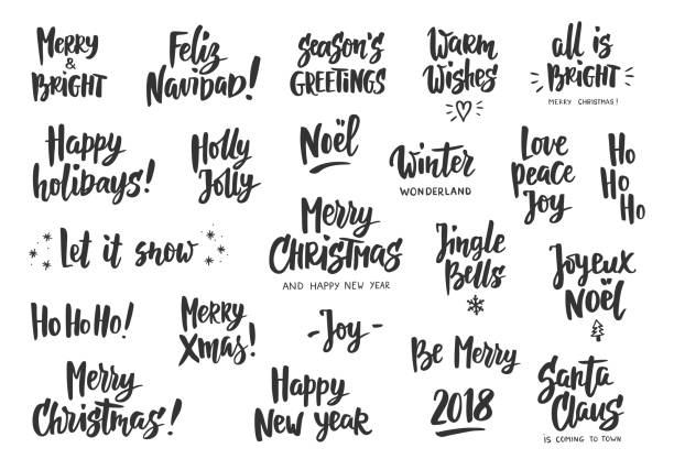 Set of holiday greeting quotes and wishes. Hand drawn text. Great for cards, gift tags and labels, photo overlays, party posters. Holiday greeting quotes and wishes isolated on white. Hand drawn text, brush lettering. Merry Christmas, Happy New year, Happy Holidays. For cards, gift tags and labels, photo overlays, party posters. short phrase stock illustrations