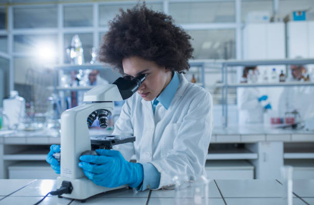 African American female doctor looking through a microscope while working on scientific research in laboratory. African American female scientist looking through a microscope in laboratory while working on new scientific project. african american scientist stock pictures, royalty-free photos & images
