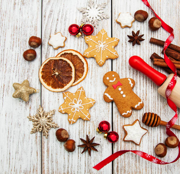 istock Christmas cookies, rolling pin and baubles 871109716