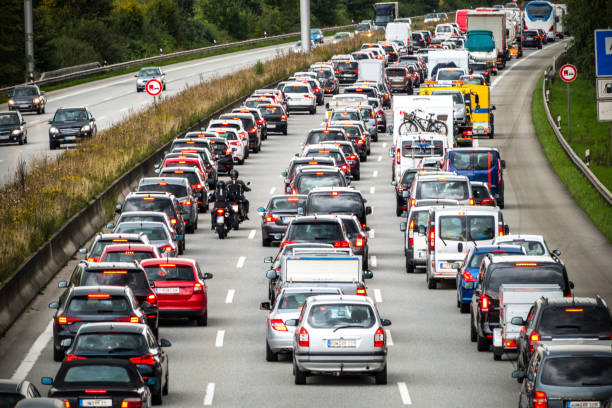 Traffic jam on the german highway Hamburg, Germany - September 18. 2017: Traffic jam on the motorway in Hamburg, Germany. Construction sites on the motorway impede traffic flow. traffic jam stock pictures, royalty-free photos & images