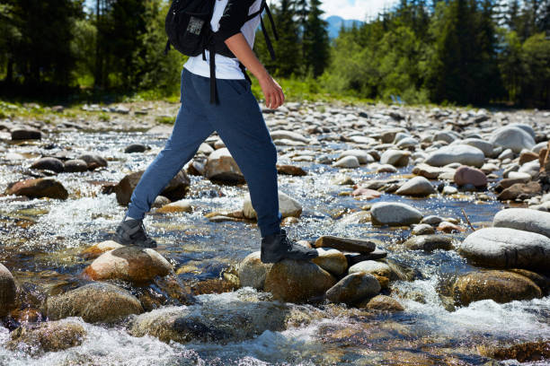 istock Crossing the stream. Mountain landscape 871114030