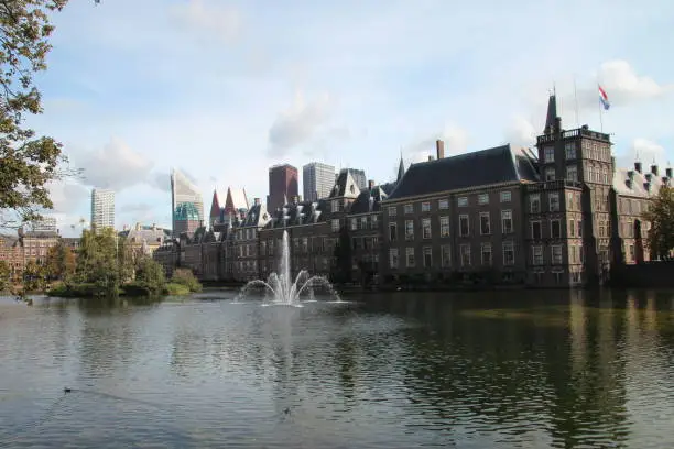 Parliament building named BInnenhof with skyline in The Hague, the Netherlands