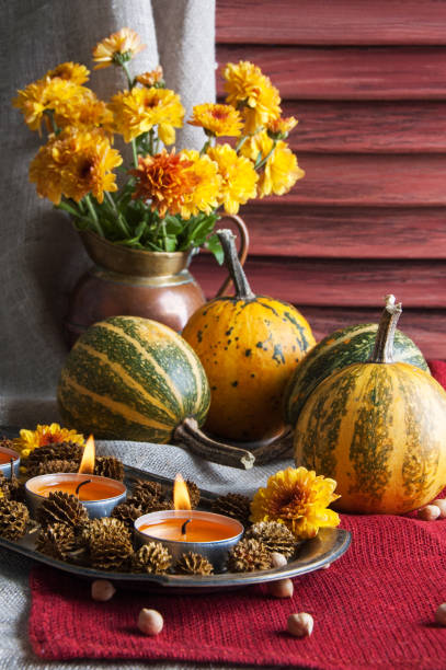 istock Pumpkins,copper jug with yellow chrysanthemums 871117690