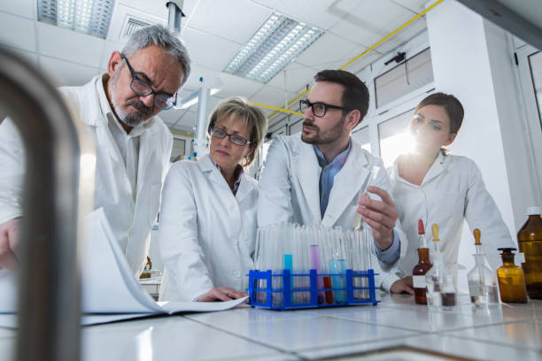 istock Four chemists communicating while analyzing substances in test tubes in the laboratory. 871119328