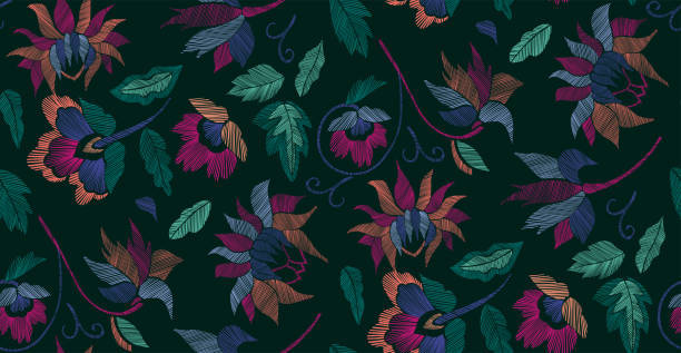 istock Floral seamless background pattern with fantasy flowers and leaves Line art. Embroidery flowers. Vector illustration. 871119448