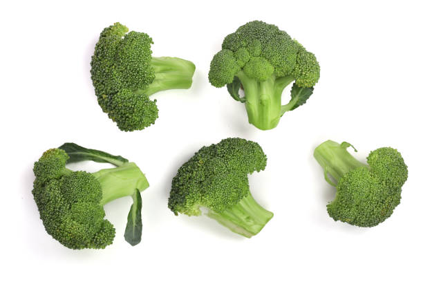 istock fresh broccoli isolated on white background close-up. Top view 871124734
