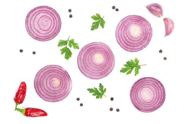 istock onion, garlic, hot pepper parsley and dill isolated on white background. Top view. Flat lay pattern 871125134