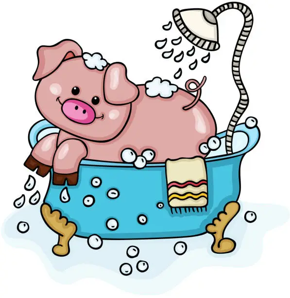 Vector illustration of Happy pig in bathtub with shower