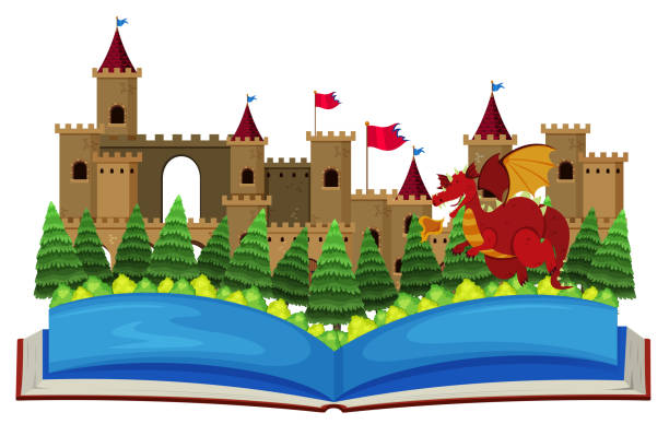 illustrations, cliparts, dessins animés et icônes de réserver avec tours et dragon - picture book fairy tale castle dragon