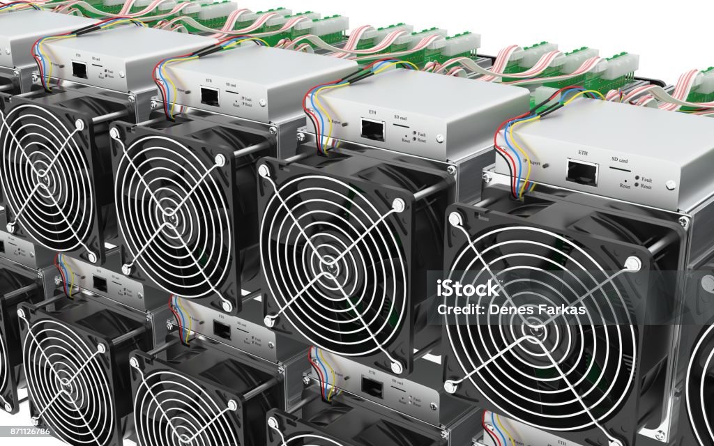 Asic Cryptocurrency Mining Hardware Farm 3D model Detailed 3D model of a popular design mining hardware farm in 8K resolution. Data Mining Stock Photo