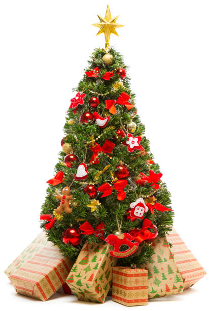 istock Christmas Tree Decoration and Present Gift Boxes, Decorated Xmas Tree, White Isolated 871133886
