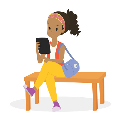 cartoon vector of an African American woman reading an e-reader while sitting on a bench