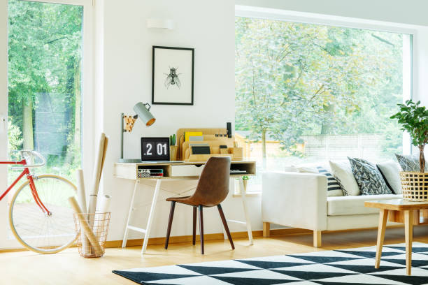 bright workspace with forest view - bicycle isolated basket red imagens e fotografias de stock