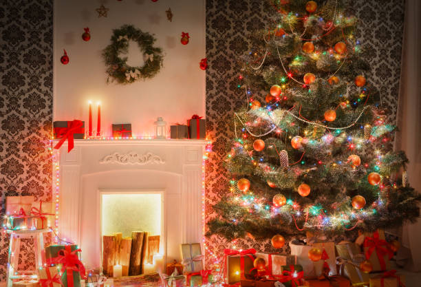 istock Christmas room interior design, decorated tree in garland lights 871146146