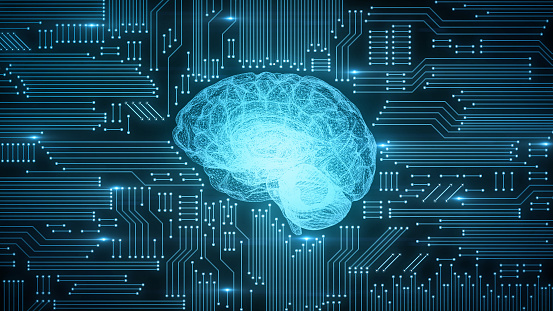 Azul digital computadora cerebro en circuitos con brillos y destellos photo