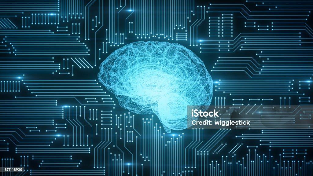 Azul digital computadora cerebro en circuitos con brillos y destellos - Foto de stock de Inteligencia artificial libre de derechos