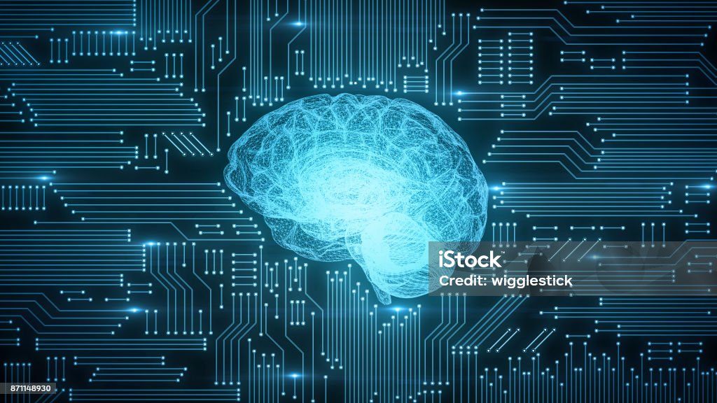 Blue digital computer brain on circuit board with glows and flares Electricity flowing through computer printed circuitboard style brain graphic Artificial Intelligence Stock Photo