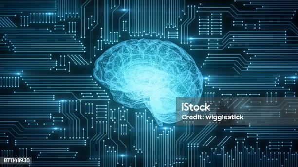 Blue Digital Computer Brain On Circuit Board With Glows And Flares Stock Photo - Download Image Now