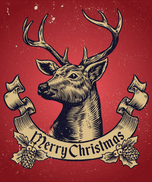 ilustraciones, imágenes clip art, dibujos animados e iconos de stock de estilo de dibujo de mano de ciervos de la navidad con banner de texto - stags horn