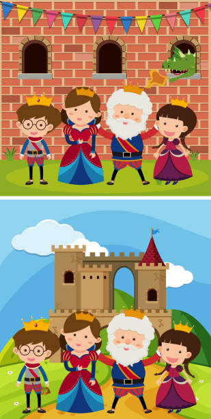 ilustraciones, imágenes clip art, dibujos animados e iconos de stock de dos familias reales en el castillo - princess castle child family